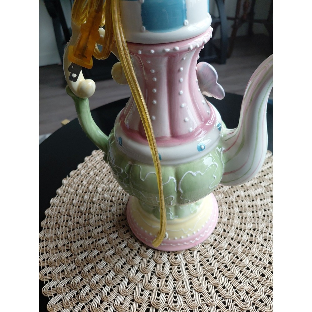 Whimsical Teapot Table Lamp Pastel Colors Butterfly Ceramic Artsy - Picture 5 of 8